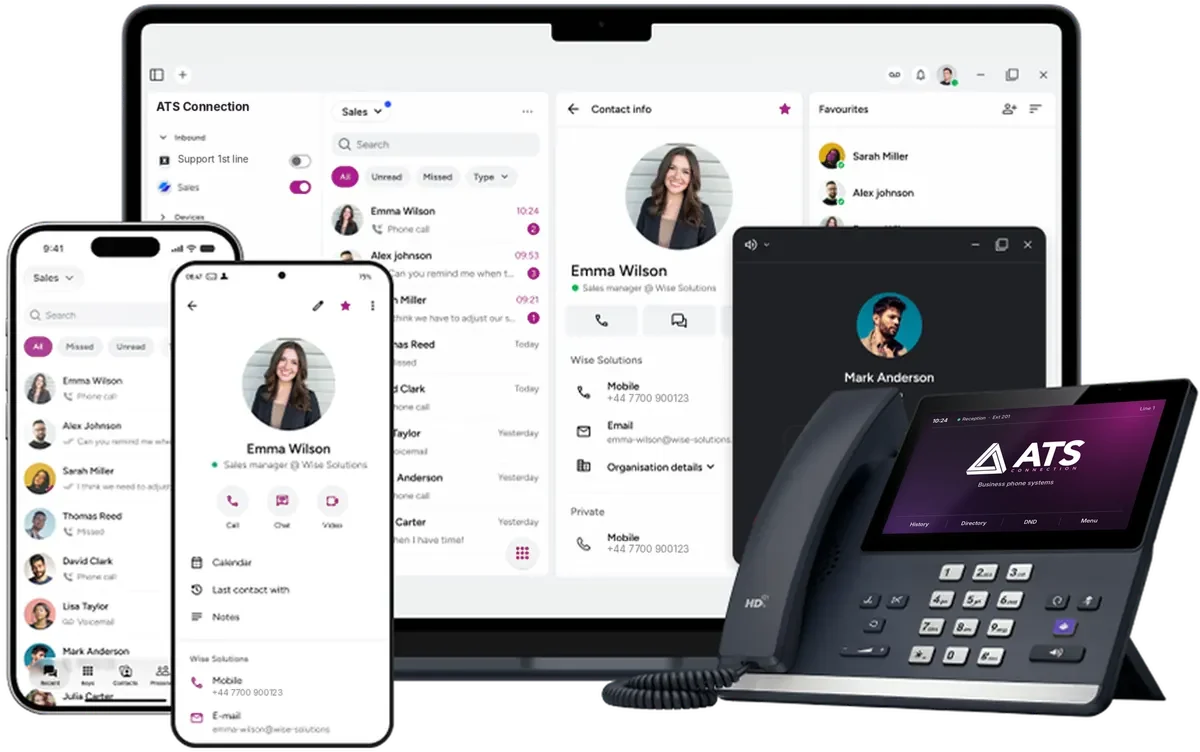 ATS Connection cloud phone system on a mobile app, desktop app and desk phone